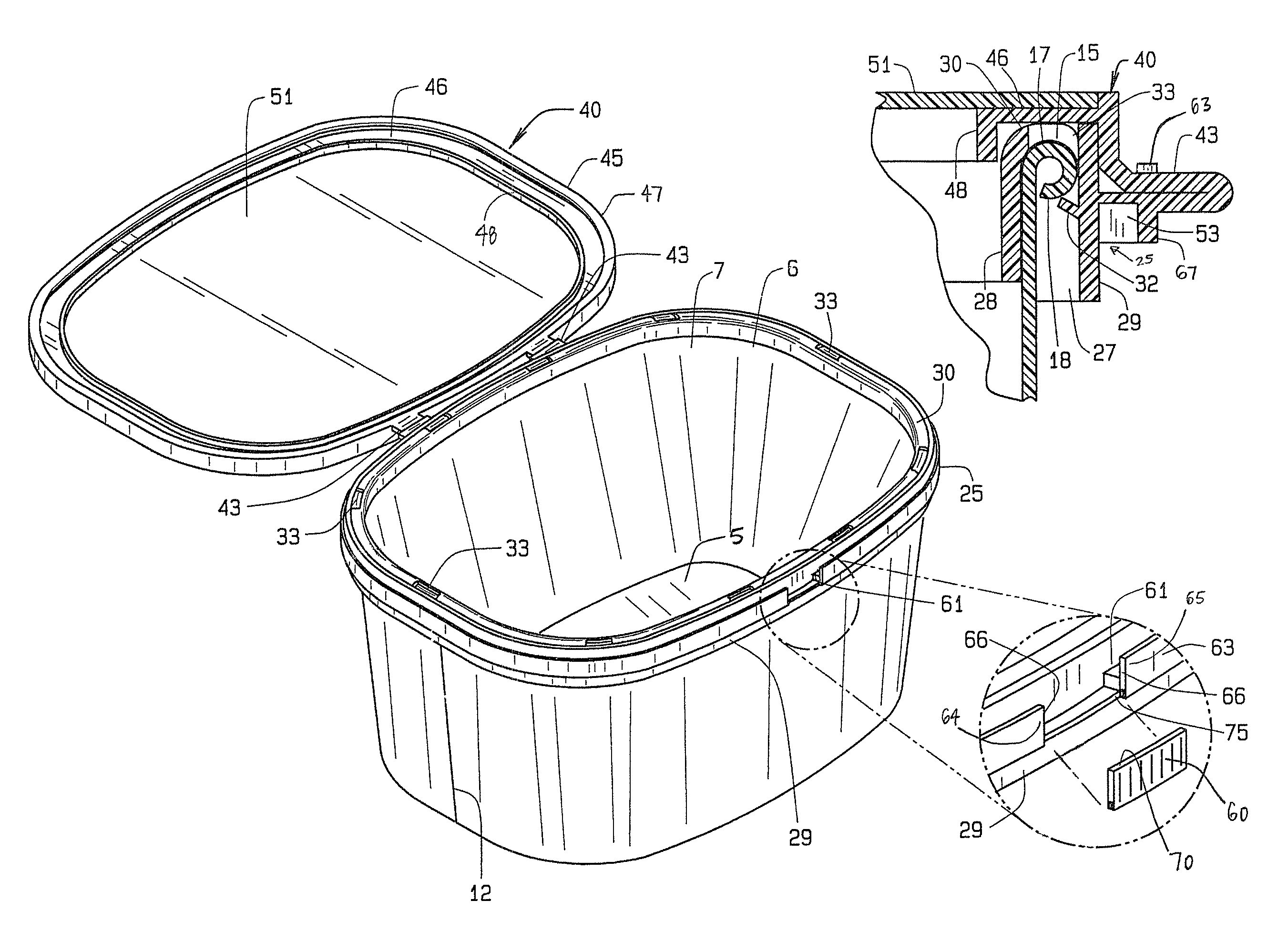 Hinged lid for a food container with plastic lower ring