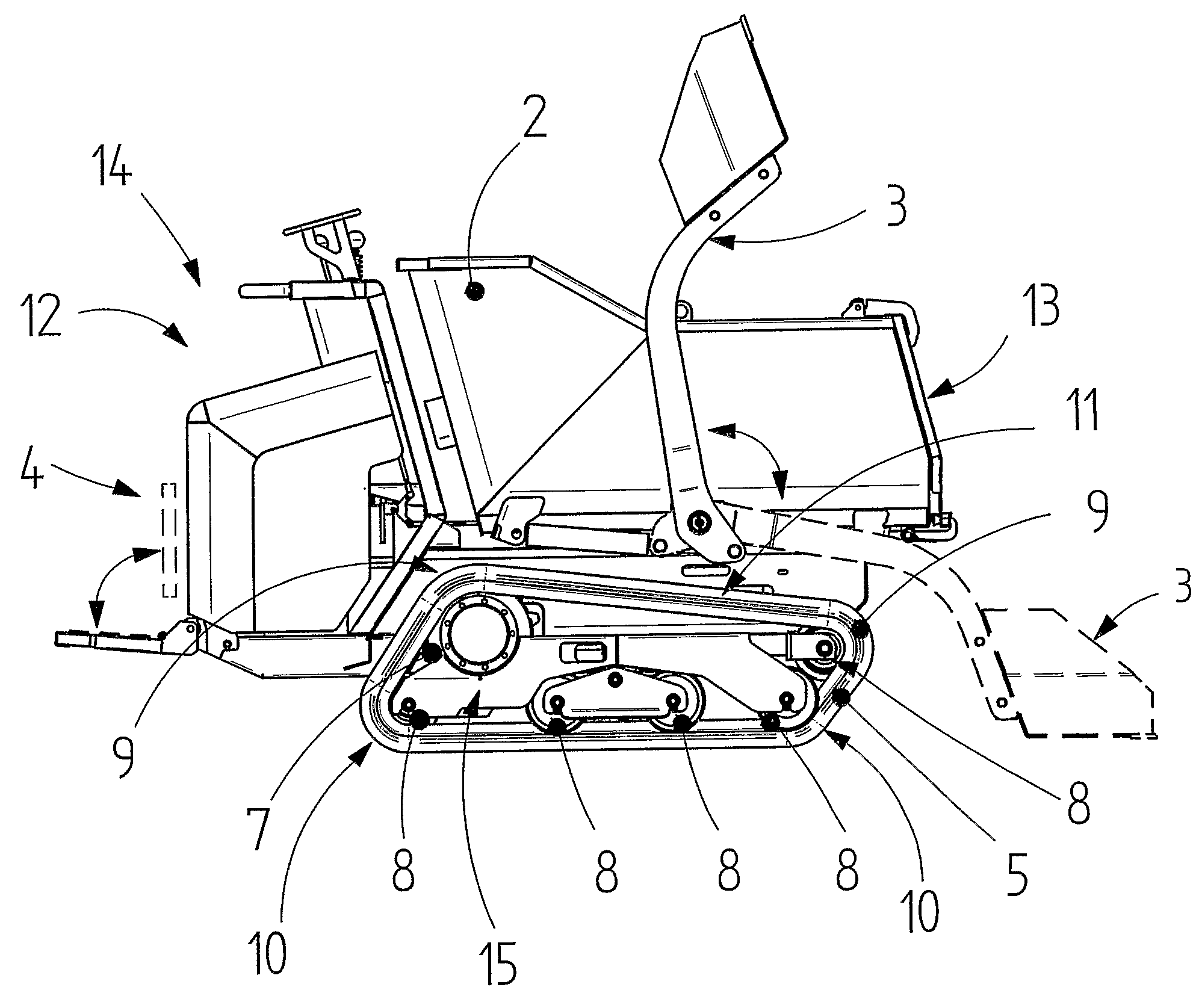 Compact tracked vehicle for transporting and self-loading material, that can be operated by a standing operator