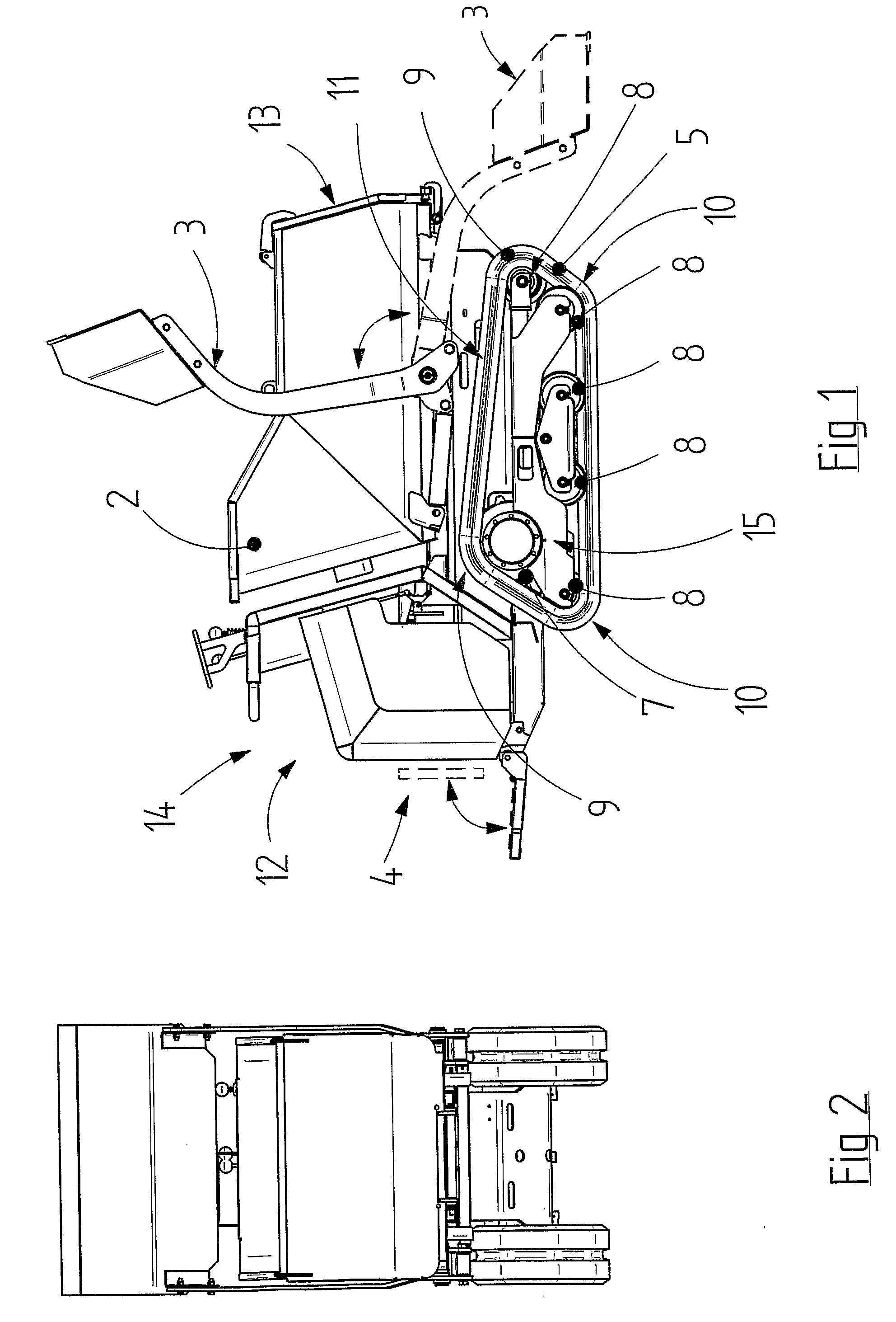 Compact tracked vehicle for transporting and self-loading material, that can be operated by a standing operator