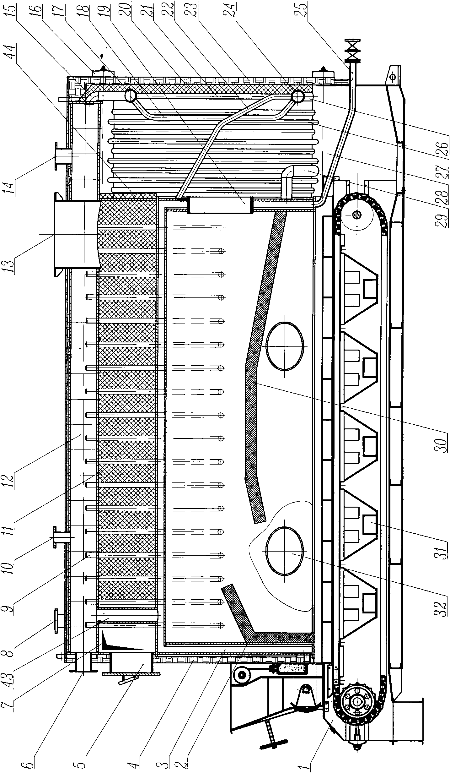 Layer combustion compound ventilation chain discontinuous running type coal boiler