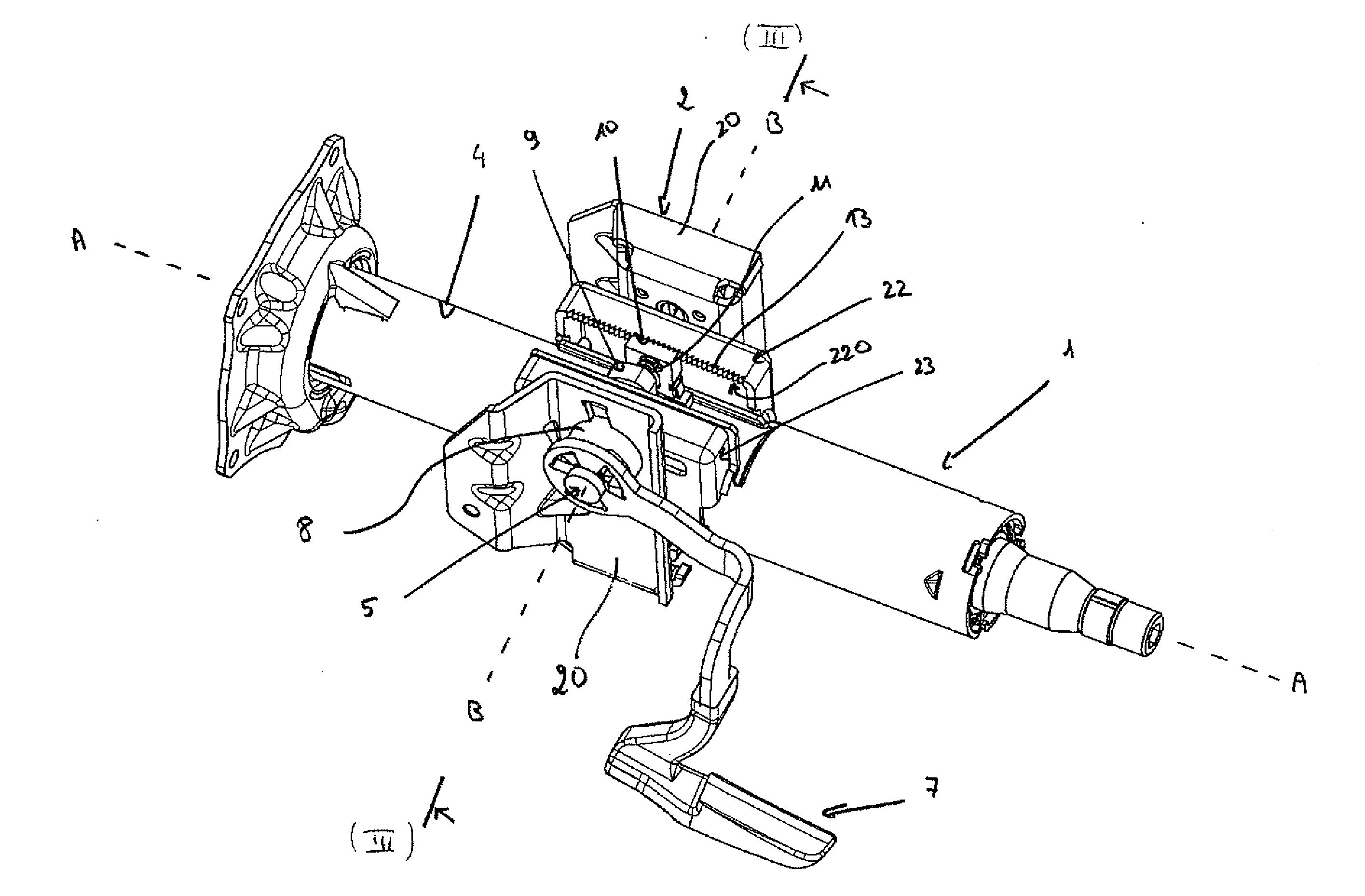 Steering column comprising an improved depth-blocking mechanism