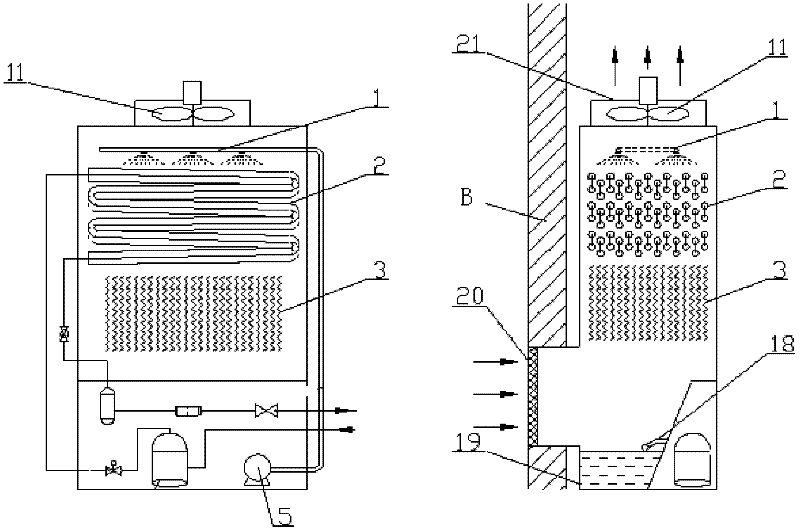 Split heat recycling evaporating and condensing fresh air conditioner