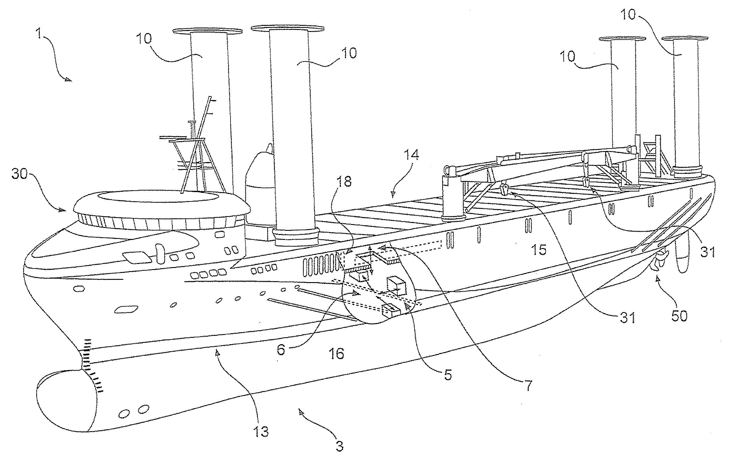 Ship having an opening for removing a power supply system