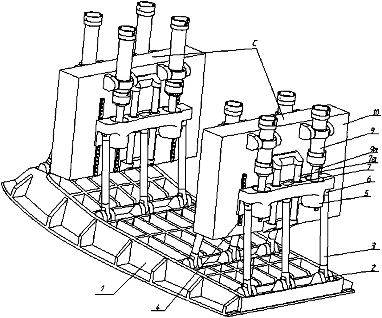 Vertical forced synchronous hydraulic driving device of continuous transonic speed wind tunnel nozzle section semi-flexible-wall throat piece