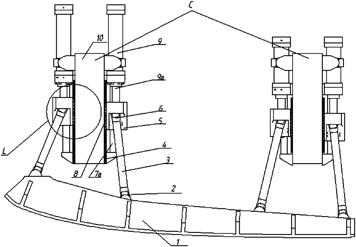 Vertical forced synchronous hydraulic driving device of continuous transonic speed wind tunnel nozzle section semi-flexible-wall throat piece