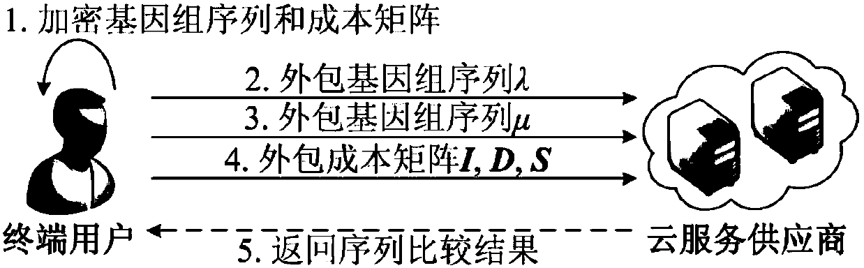 Single-server-model-based secure outsourcing method of sequence comparison algorithm, user terminal, and server