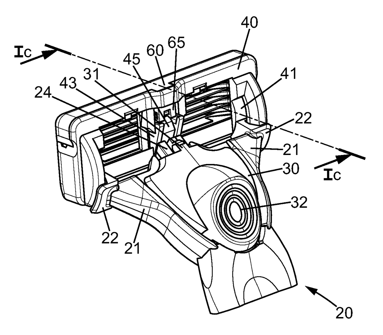 Shaver with interchangeable cartridge, cartridge and head and handle assembly for such shaver