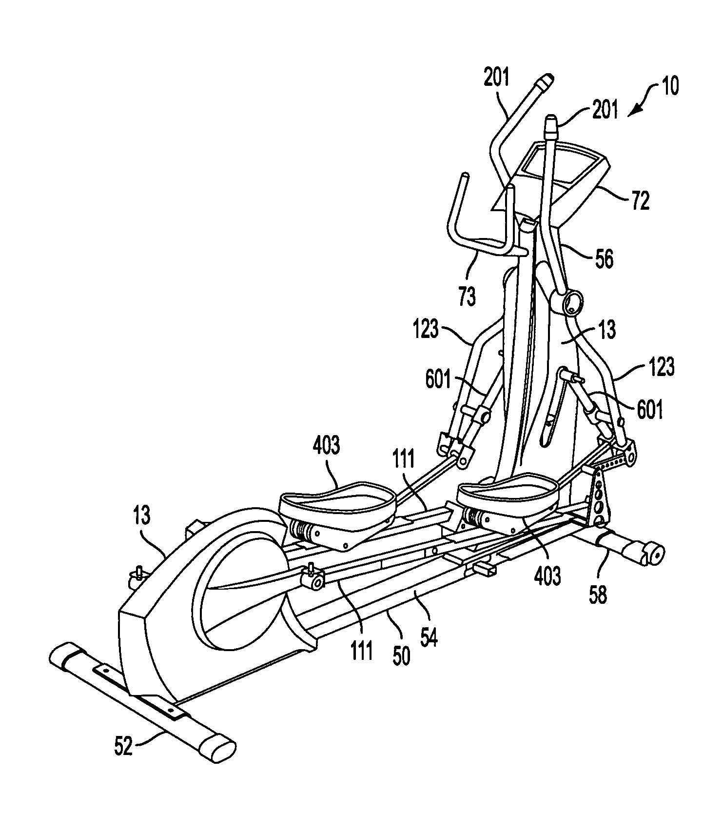 Adjustable stride elliptical motion exercise machine and associated methods