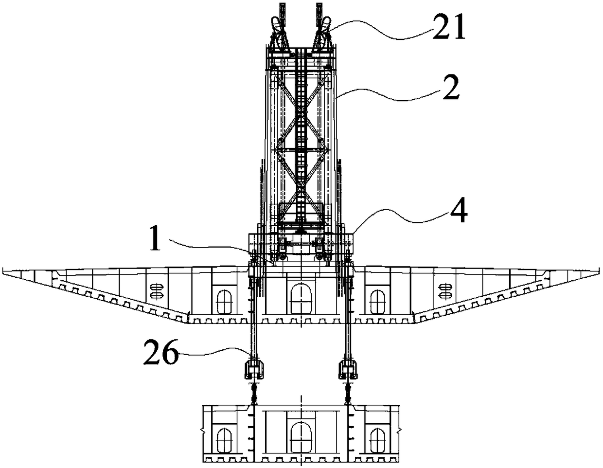 Central cable surface steel box girder integral type bridge deck crane