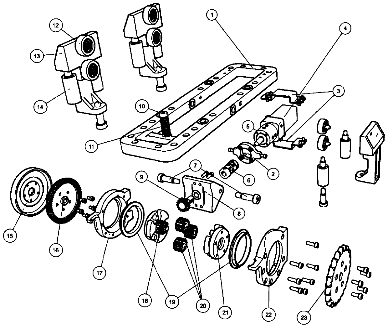 Down-driving rail walking device and rail robot