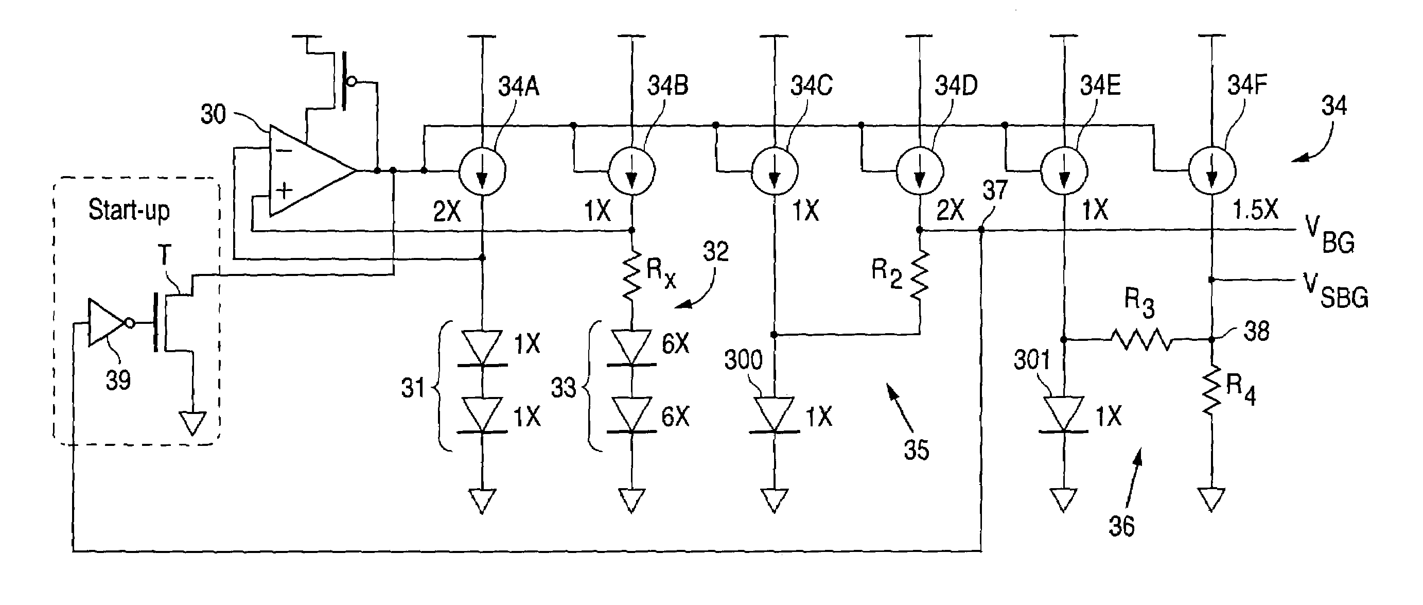 Bandgap reference designs with stacked diodes, integrated current source and integrated sub-bandgap reference