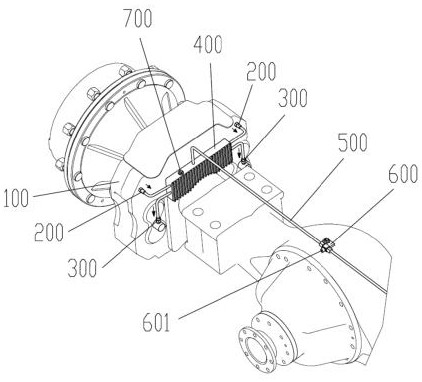 Brake pipeline of a wheel loader with radiator