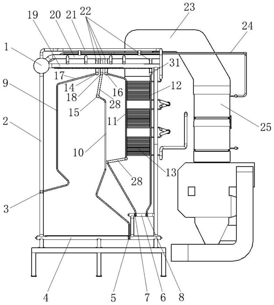 Water circulation system of single-drum four-return-stroke biomass burning corner tube boiler