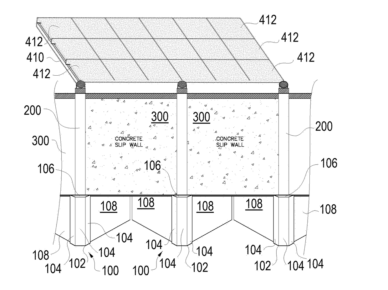 Integrated soundwall and renewable electrical energy generation system and metal tube foundations therefore