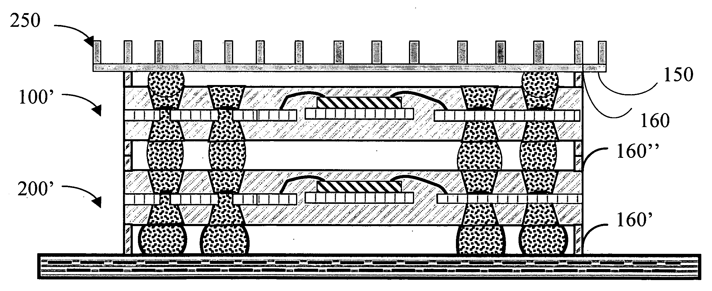 Package with solder-filled via holes in molding layers