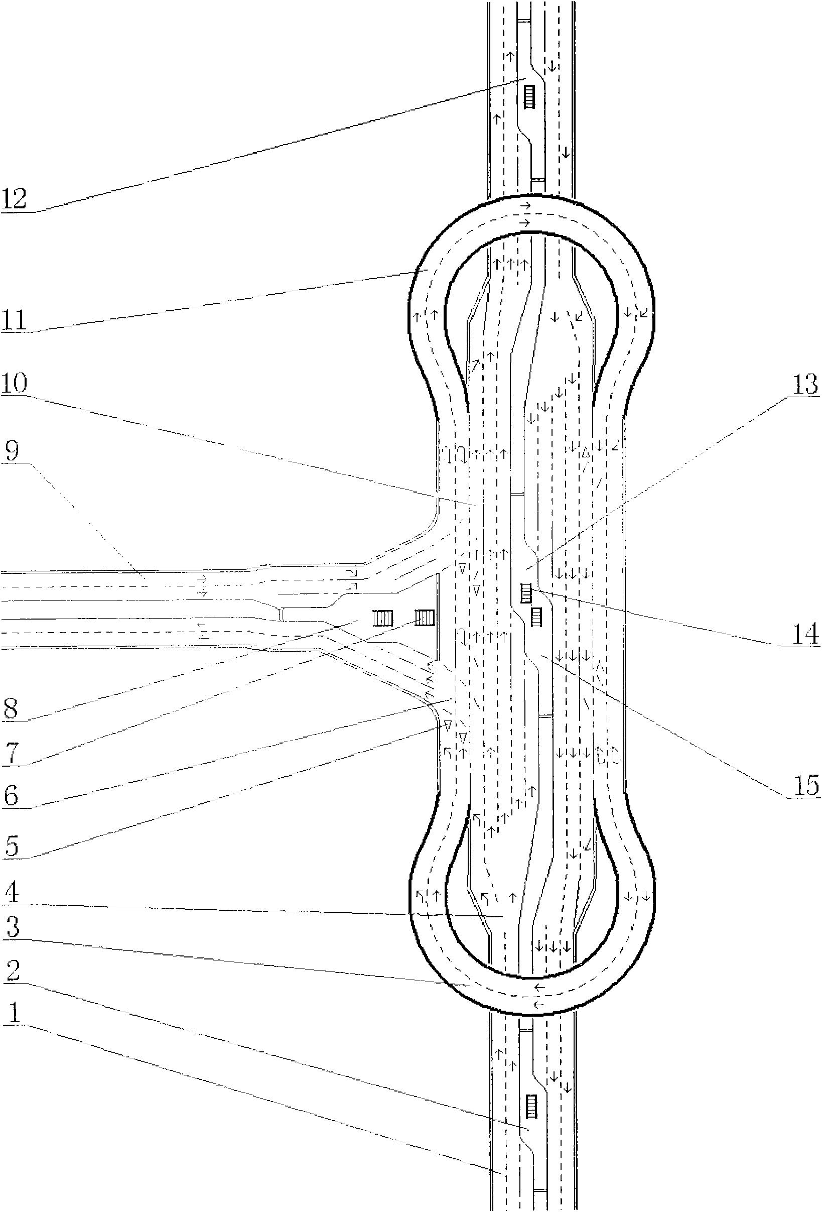 Roundabout stereo intersection and transfer station of parallel elevated roads