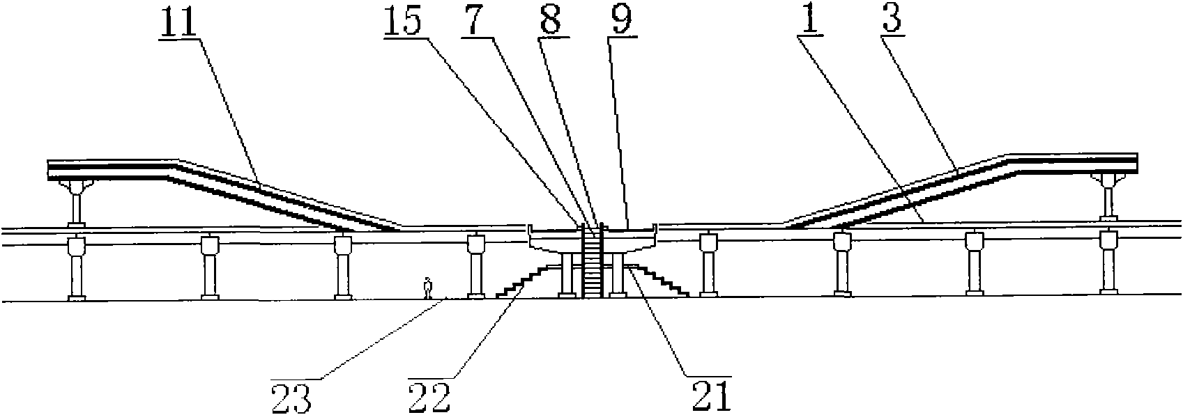 Roundabout stereo intersection and transfer station of parallel elevated roads