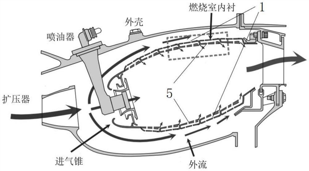 Cooling structure with slit rib laminates for turbofan engine combustion chamber and cooling method