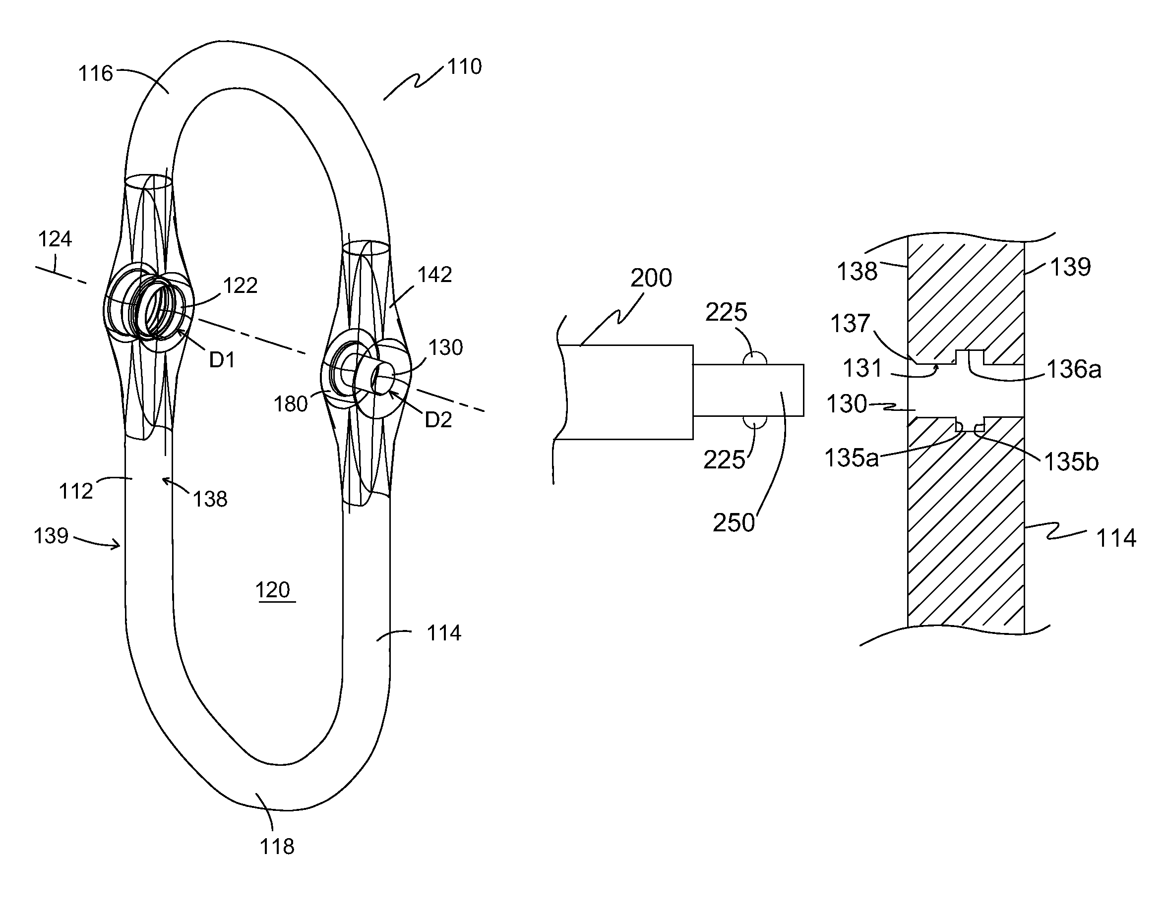 Shackle assembly with pin and retaining ring