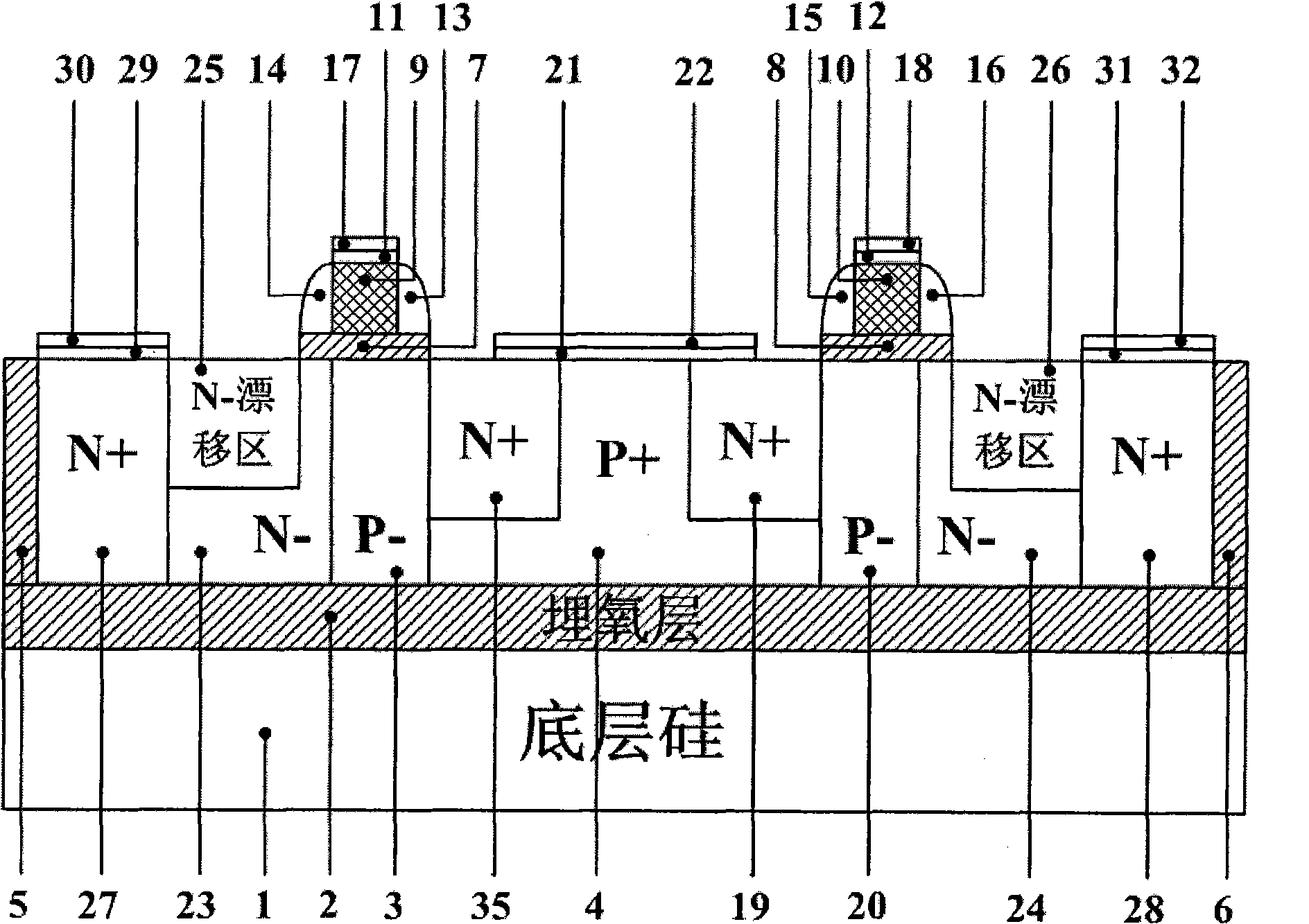 Radio frequency laterally diffused metal oxide semiconductor (LDMOS) device based on silicon on insulator (SOI) and method for injecting device