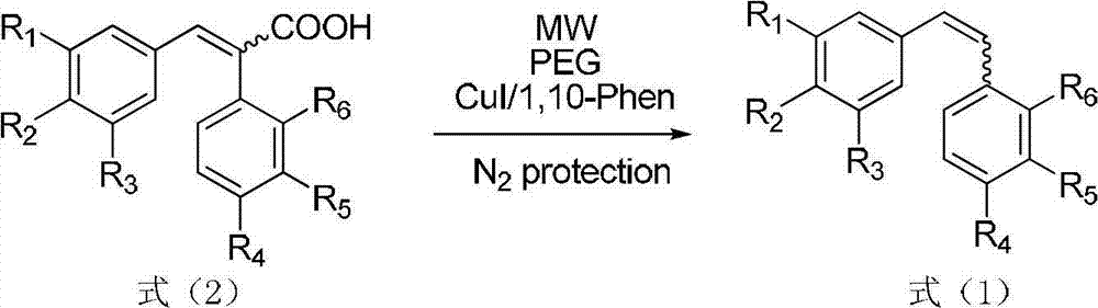 Method for preparing diphenyl ethylene compound through decarboxylic reaction