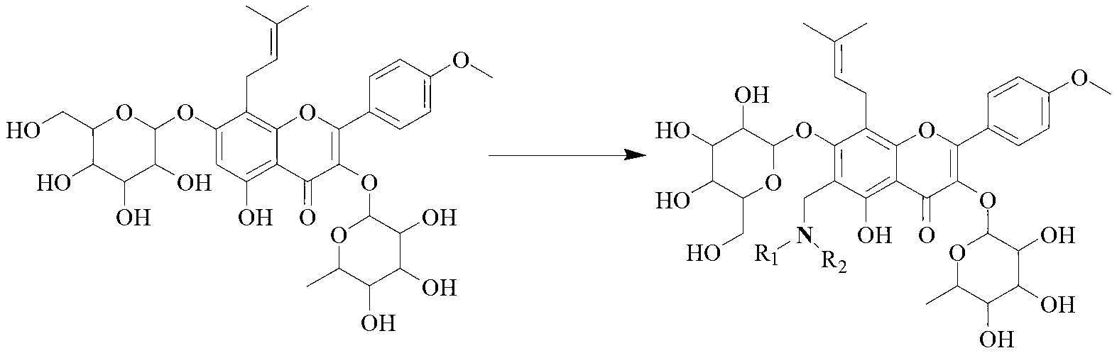 Icariin derivative, and preparation method and application thereof