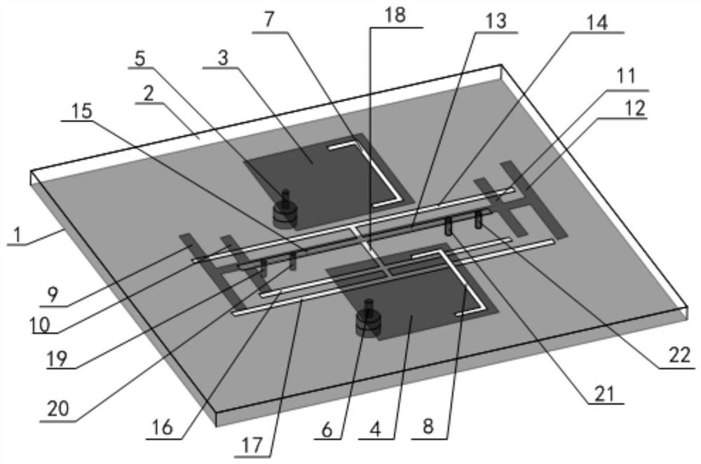 Decoupling structure between adjacent rectangular patches in dual-band antenna array