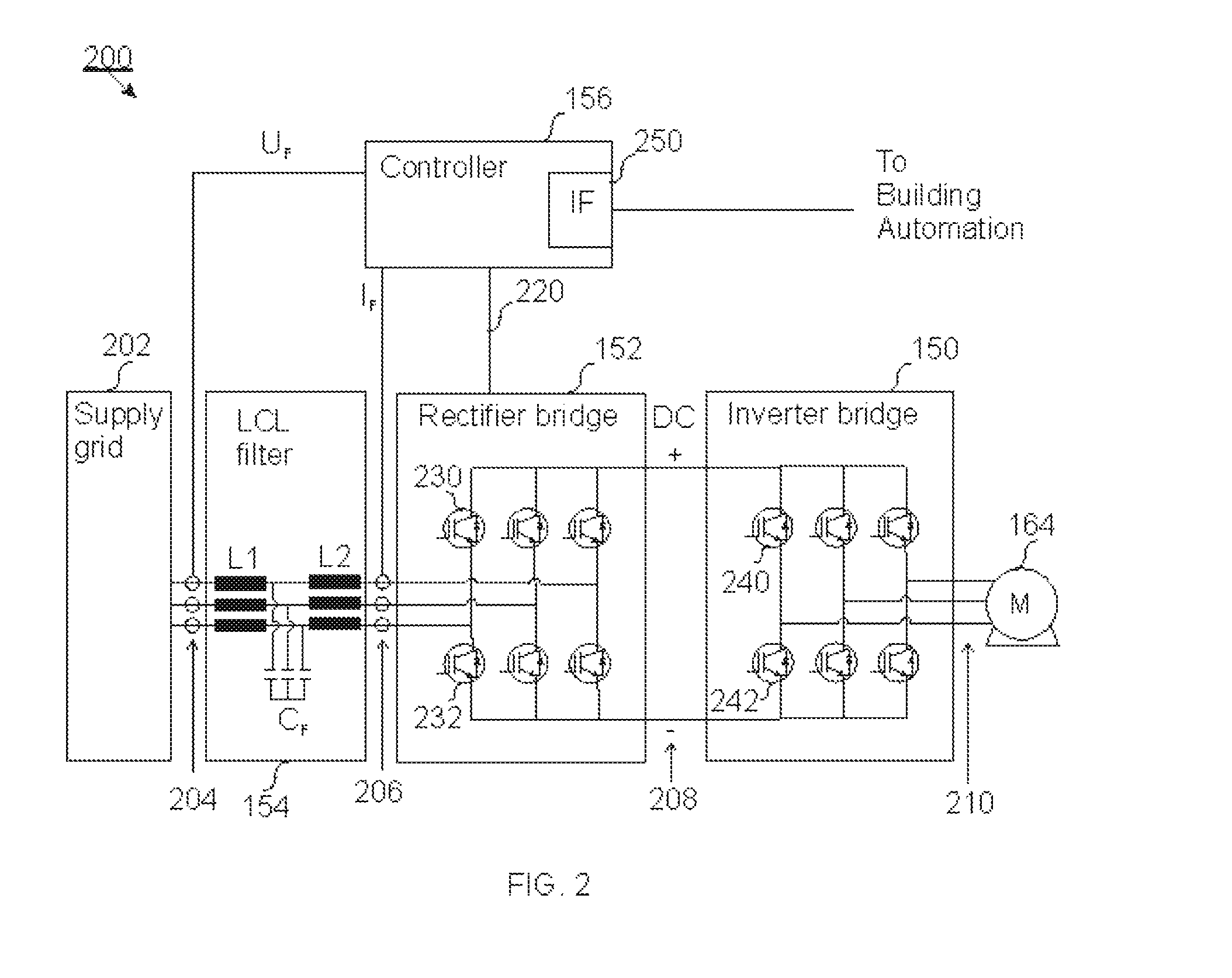 Elevator line bridge filter for compensating reactive power in a grid