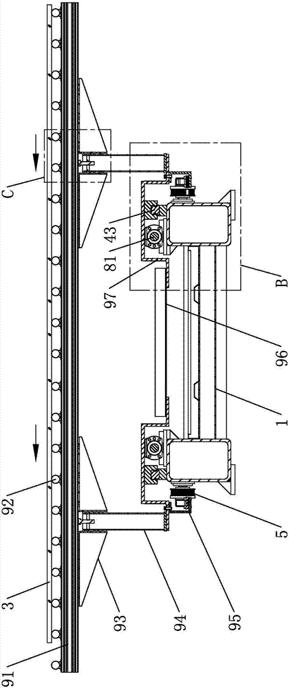 Middle supporting wheel structure of horizontal bilateral glass edge grinding machine