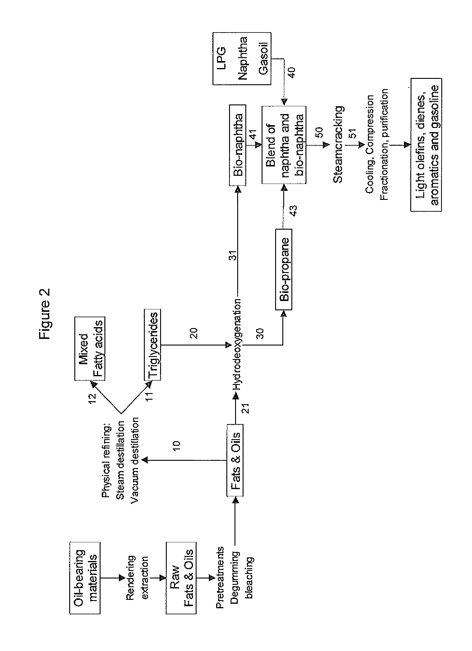 Process for the production of bio-naphtha from complex mixtures of natural occurring fats and oils