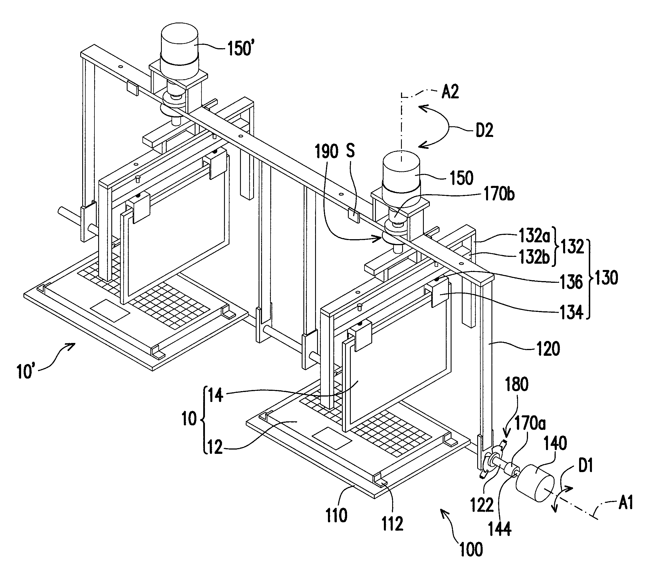 Testing device for an electronic device having two pivot points