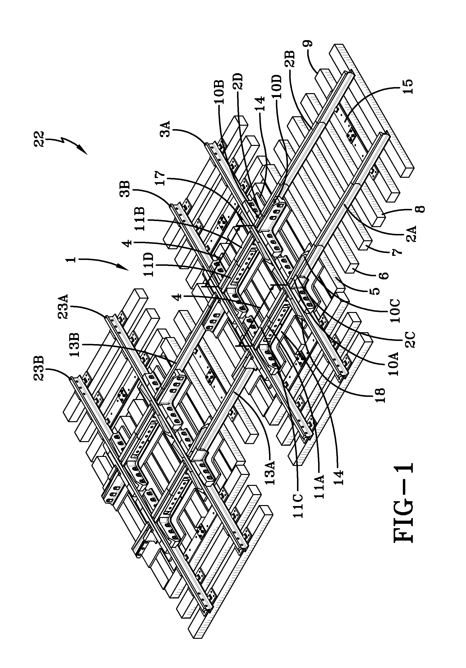 Elevated frog and rail crossing track assembly