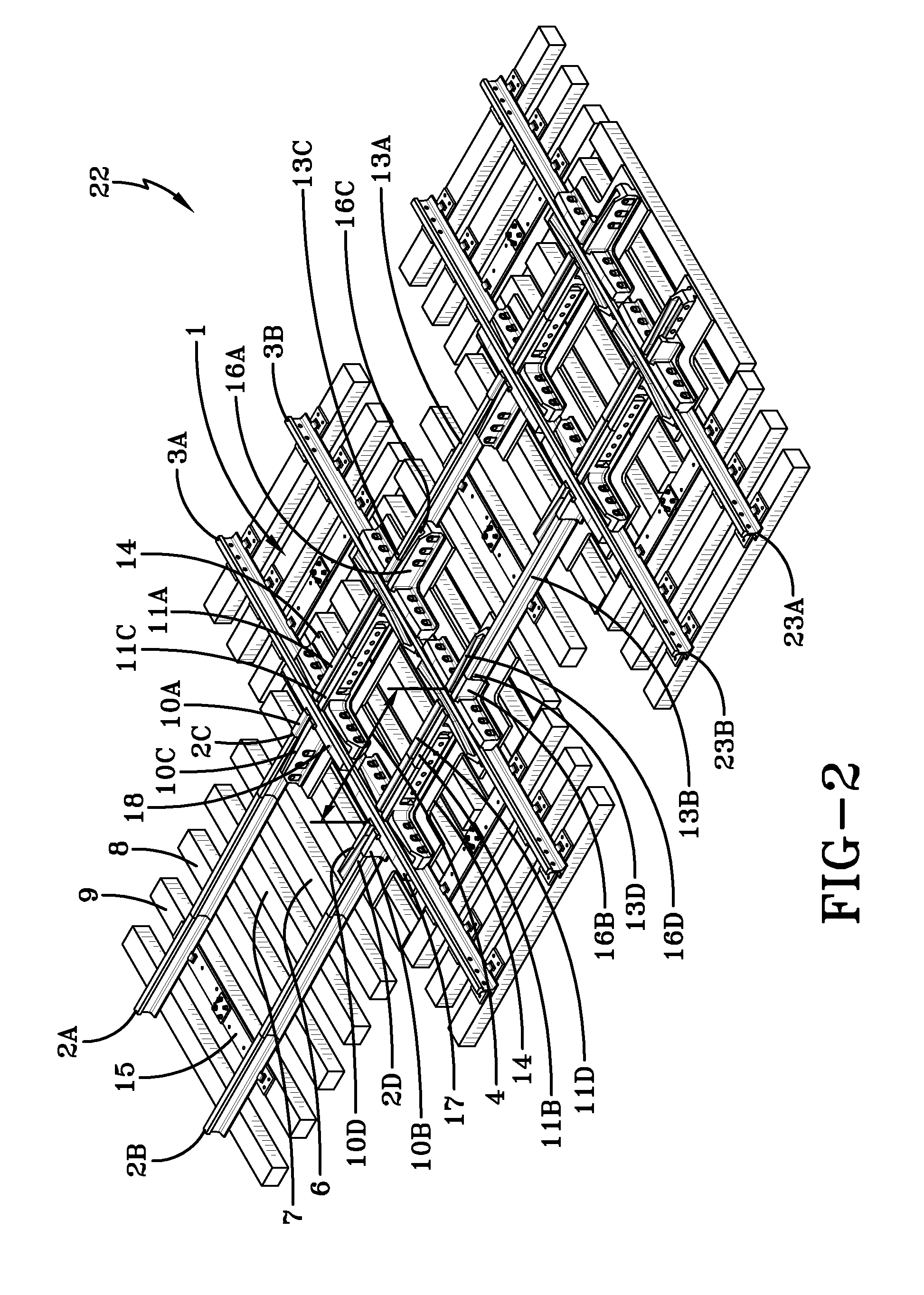 Elevated frog and rail crossing track assembly