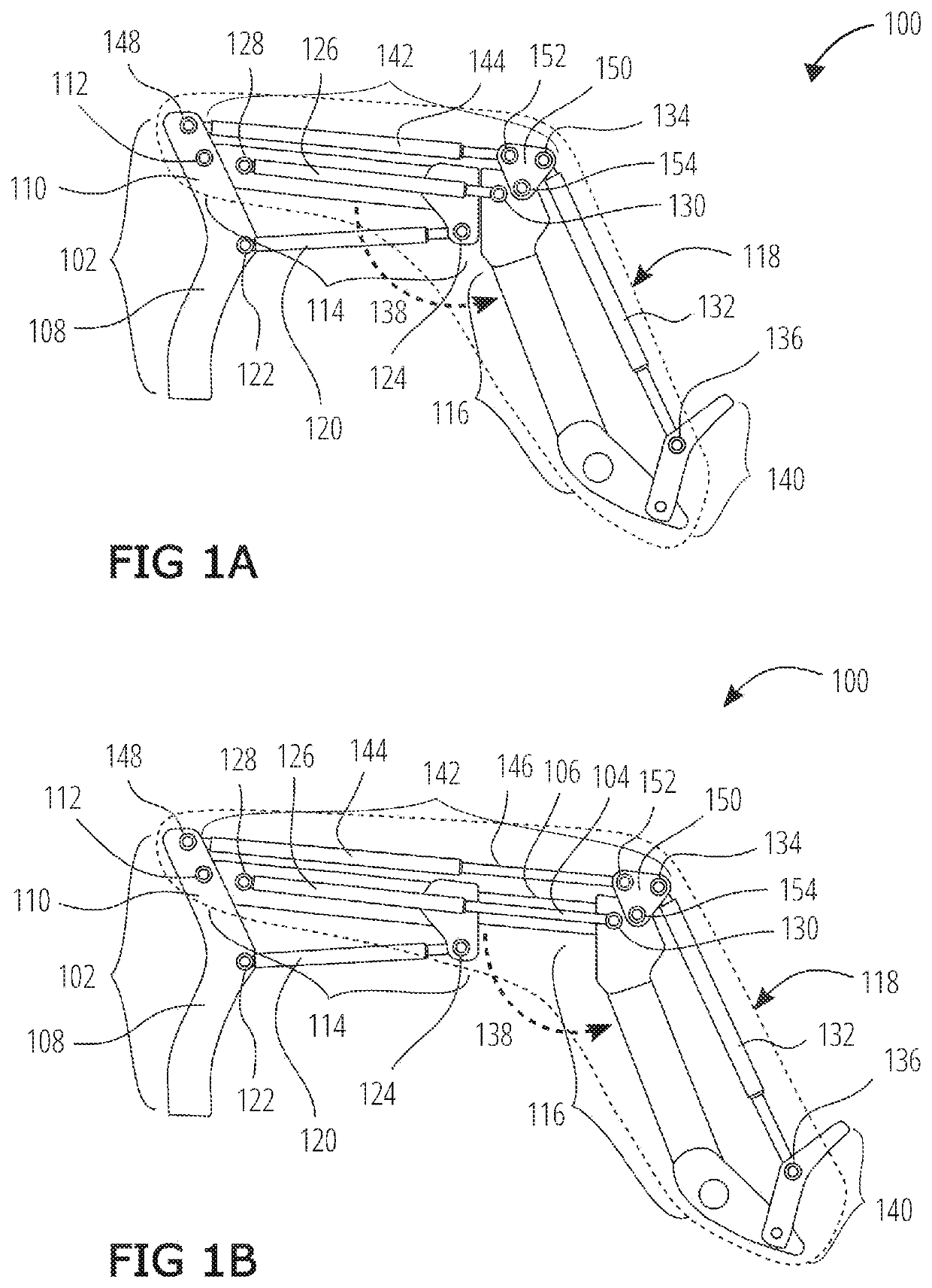 Self-leveling front-end loader having a double boom with a dogleg bend of 105 to 135 degrees including an extension powered by hydraulic cylinders