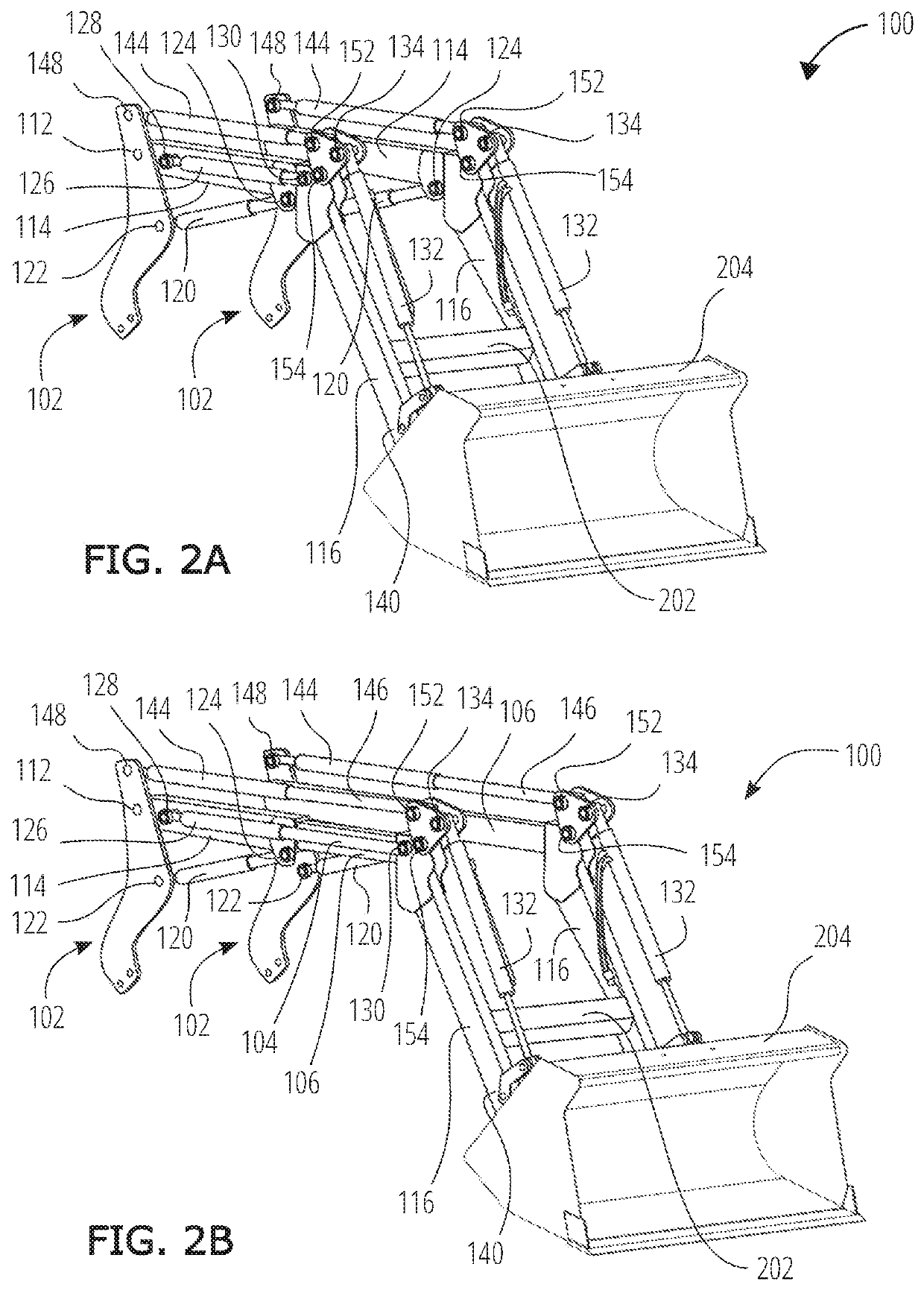 Self-leveling front-end loader having a double boom with a dogleg bend of 105 to 135 degrees including an extension powered by hydraulic cylinders