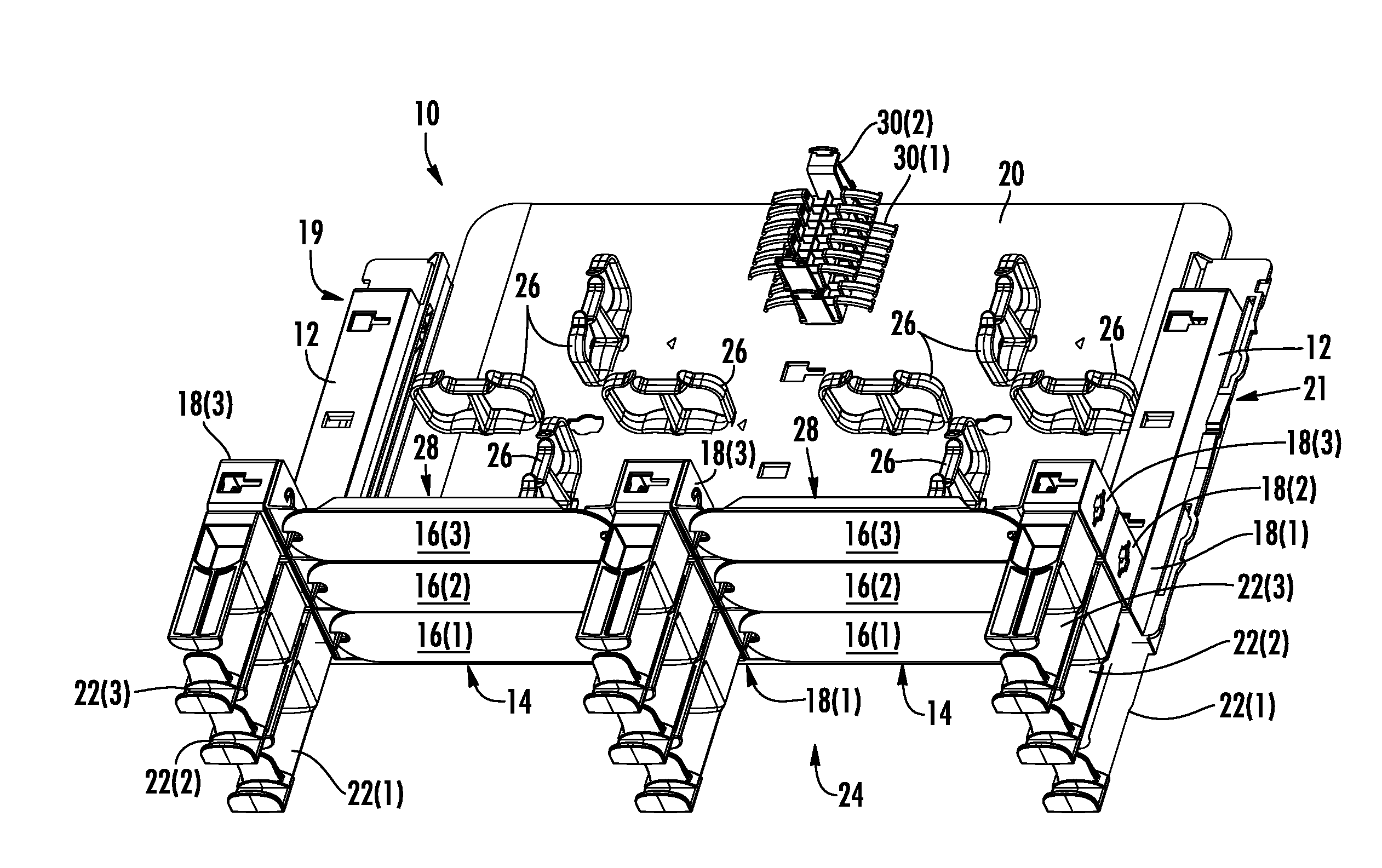 Stackable shelves for a fiber optic housing, and related components and methods