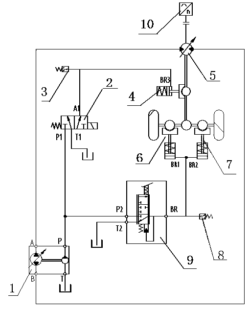 Three-level interlocking brake system of pneumatic tyre roller