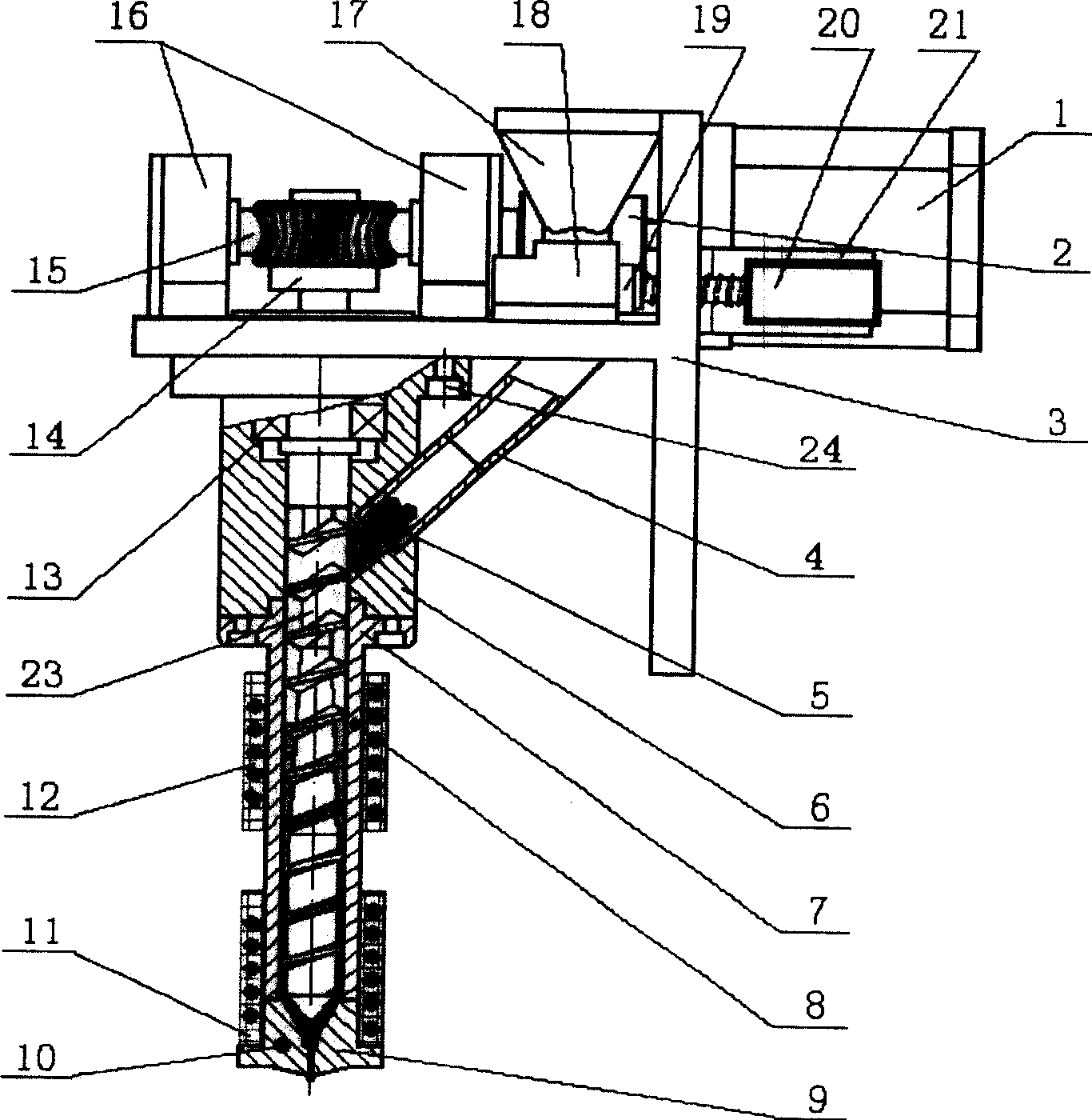 Quick forming screw extruding jet device for thermoplastic particle material