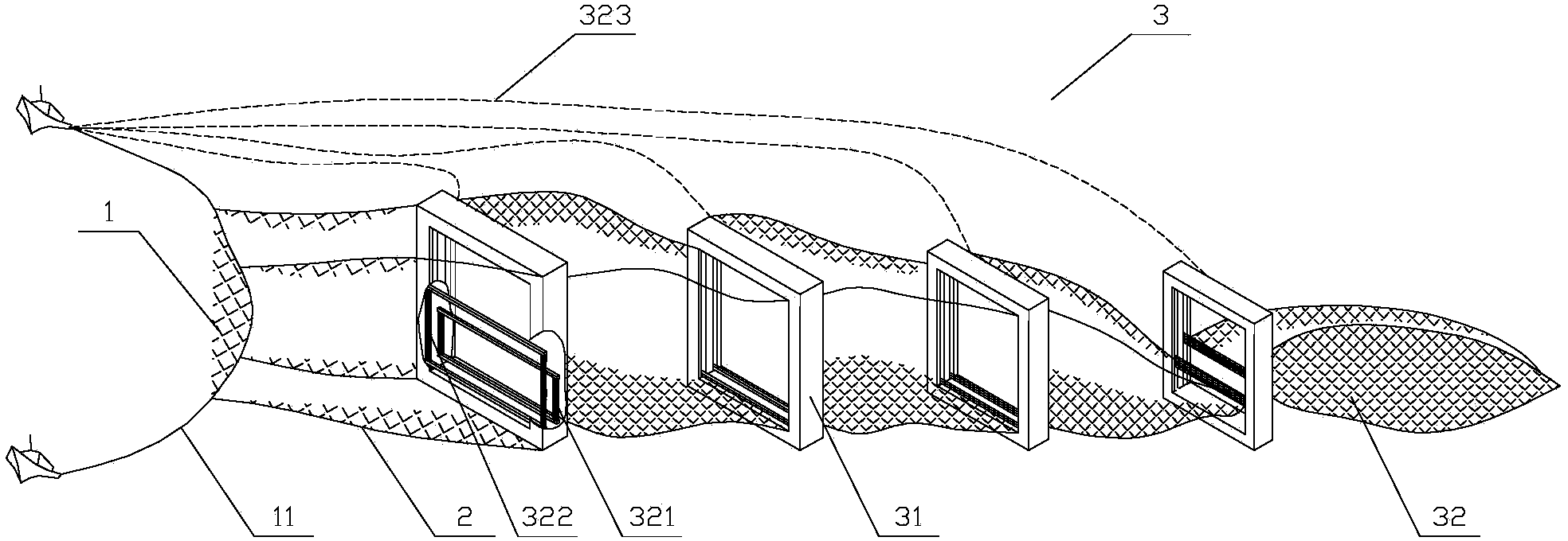 Dragnet with a plurality of serial bags and fishing method using dragnet