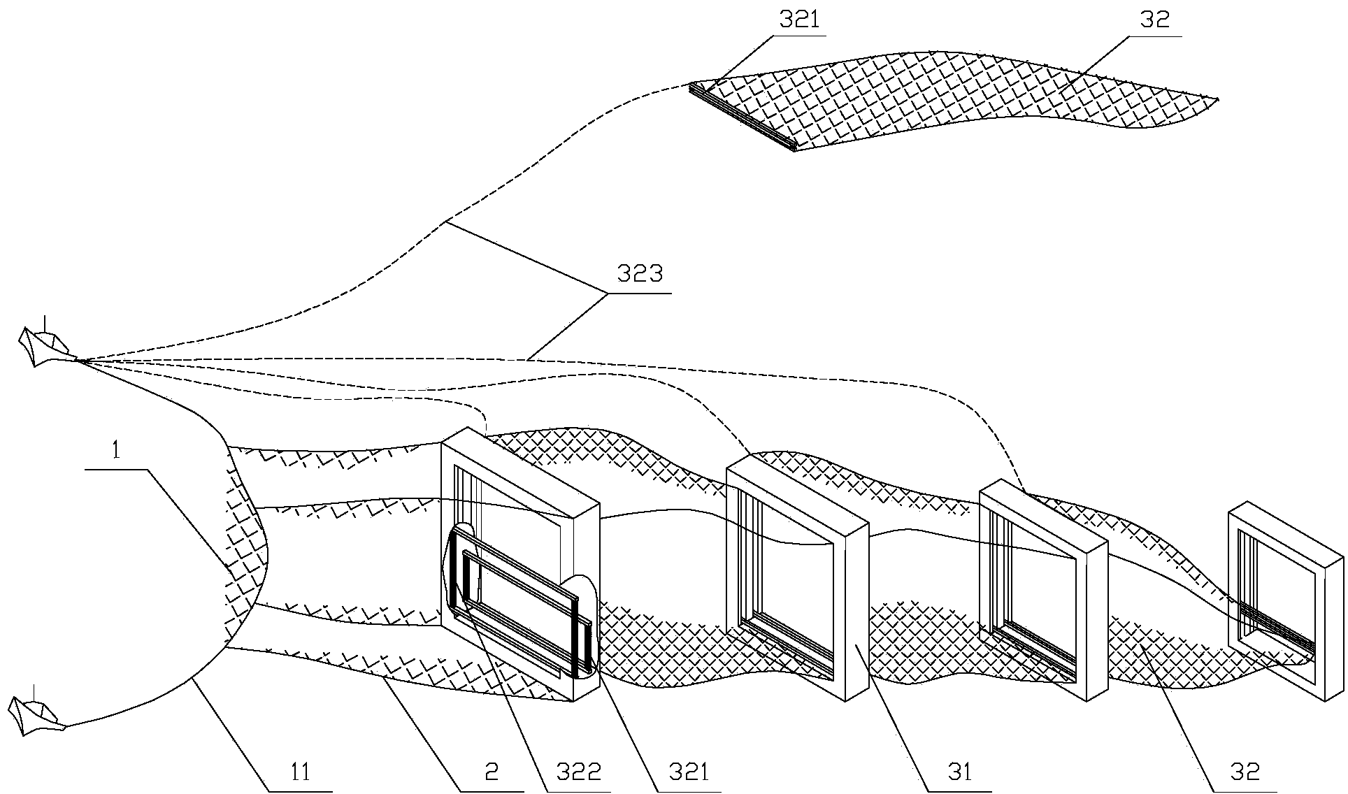 Dragnet with a plurality of serial bags and fishing method using dragnet