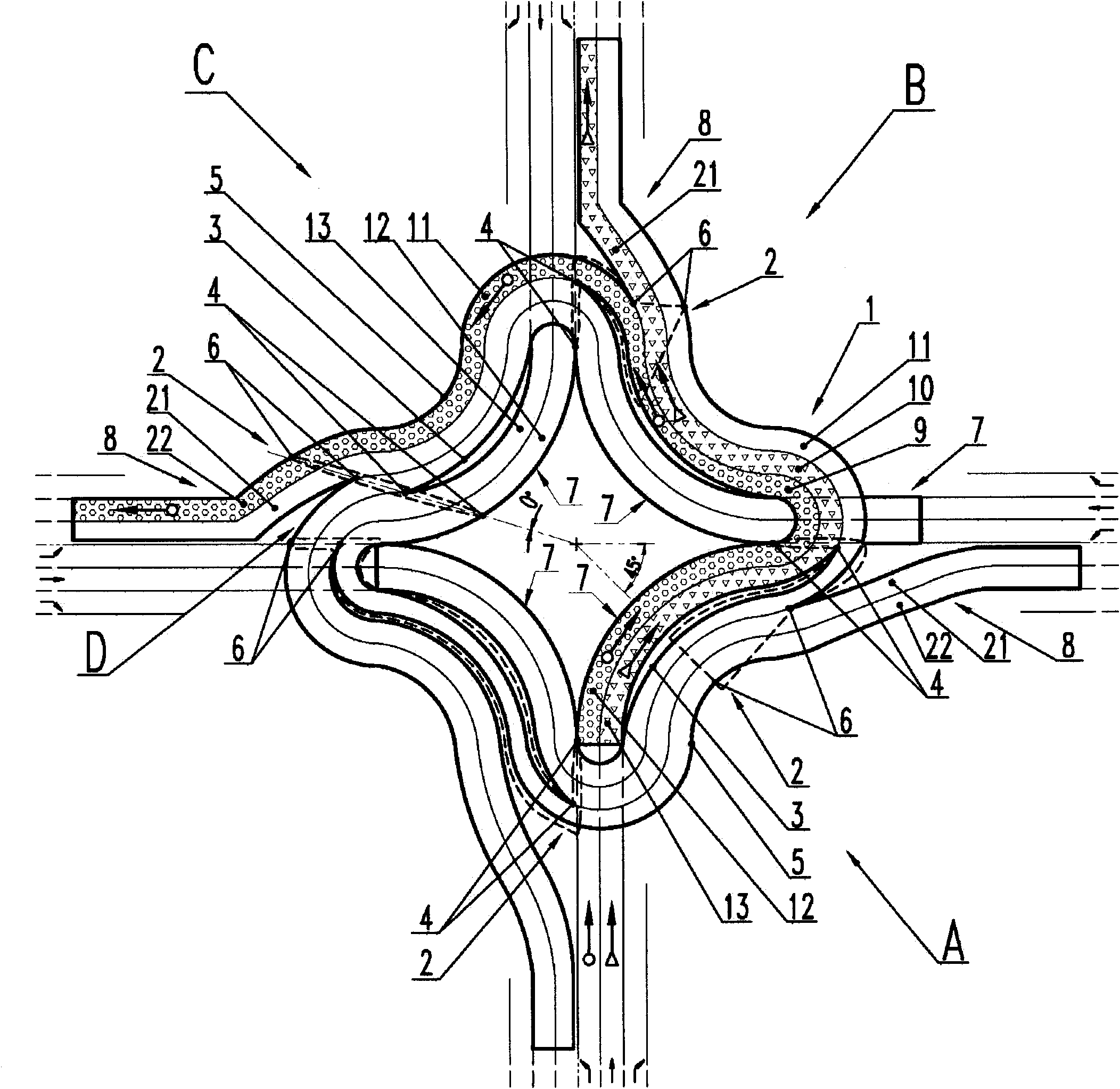 Annular flyover for straight movement and large-radius turning at crossroad