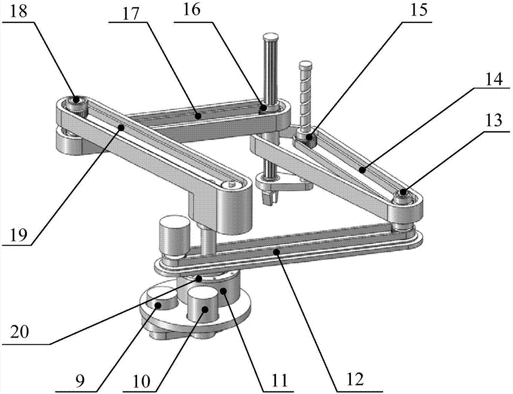 SCARA high-speed parallel connection mechanical arm having partial decoupling and dynamic balance characteristics