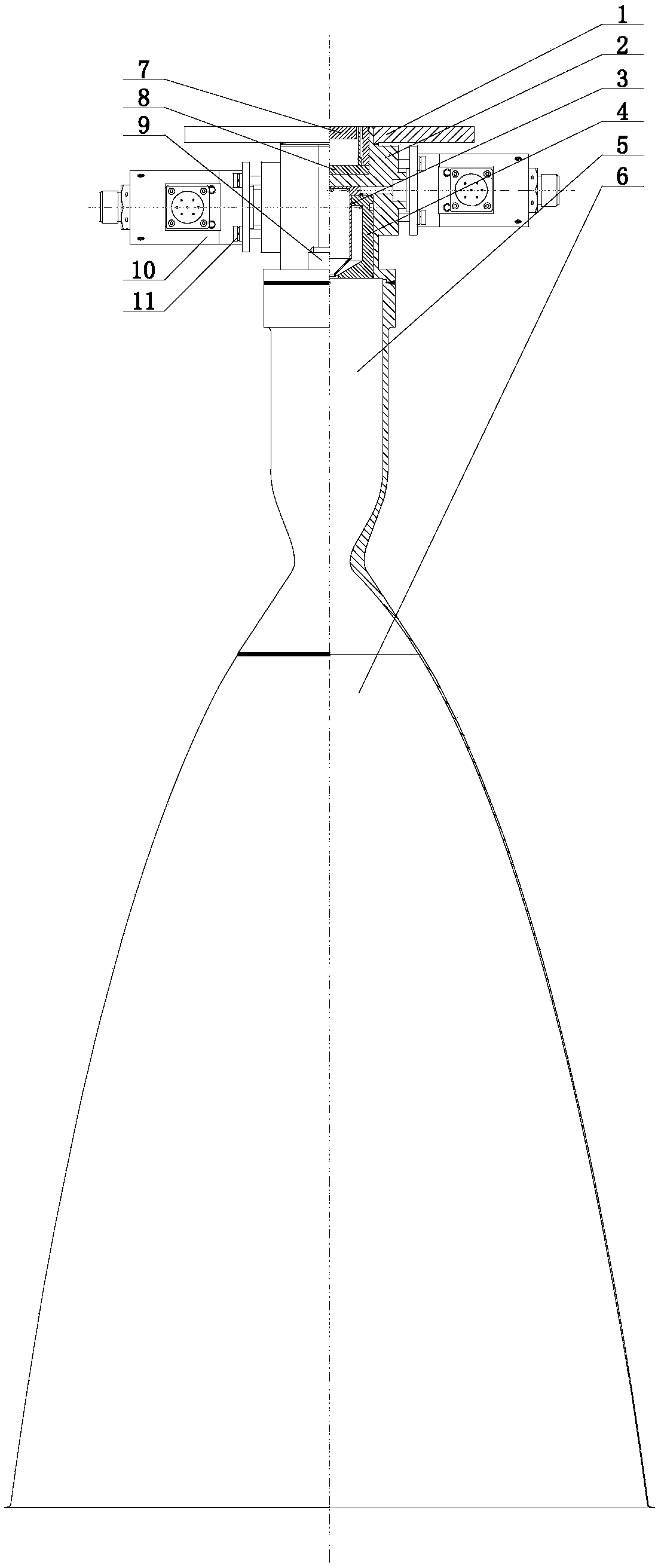 Space bipropellant orbit-control engine based on two-way single-nozzle centrifugal injector