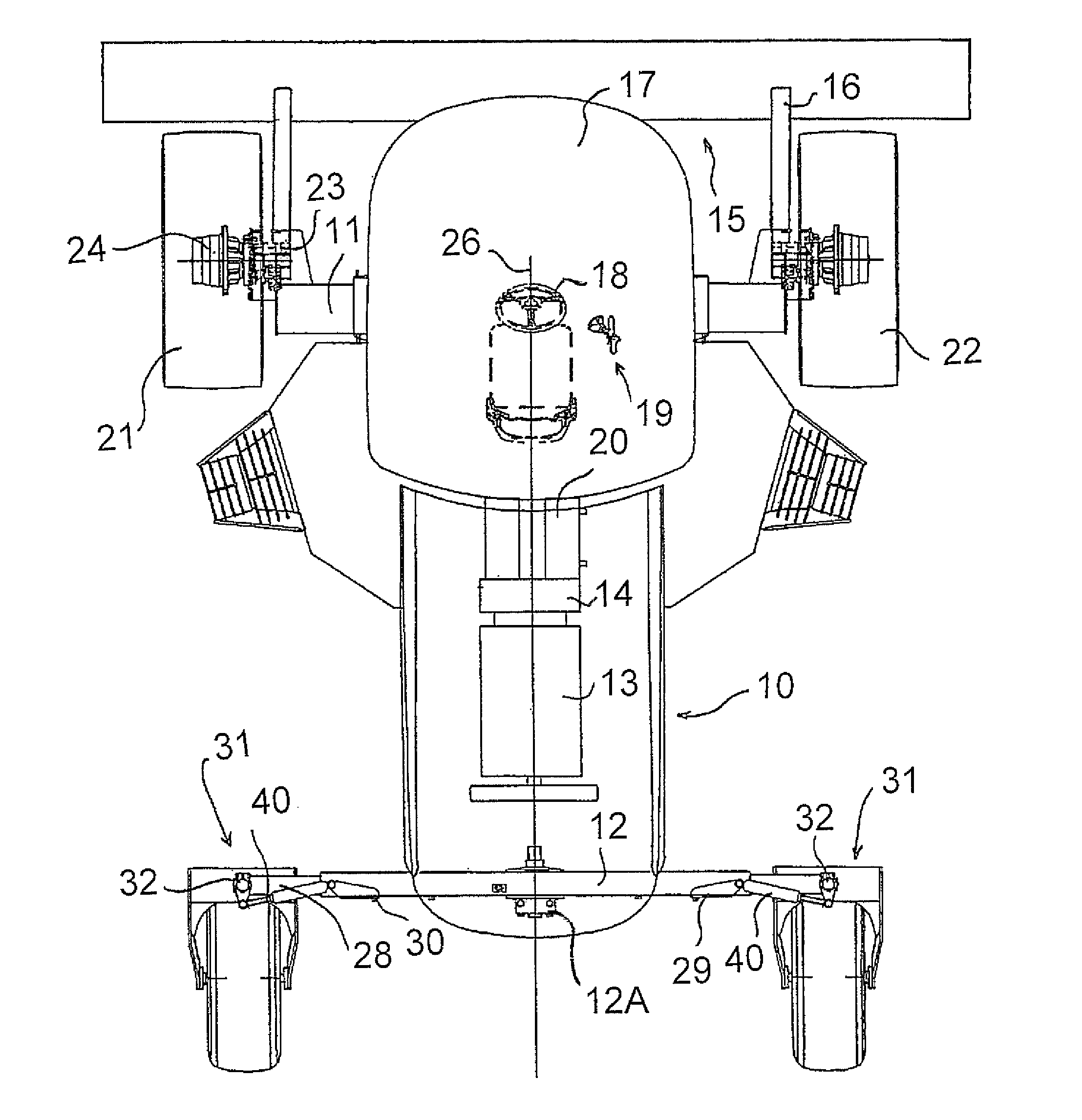 Windrower tractor with rear wheel suspension