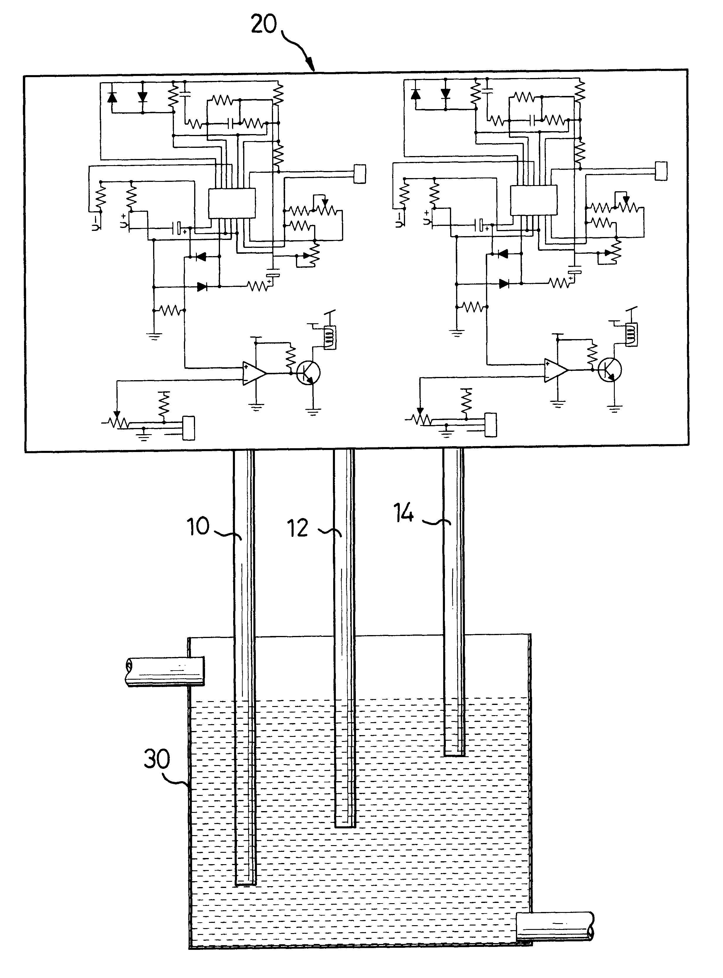 Water level controller with conductance terminals