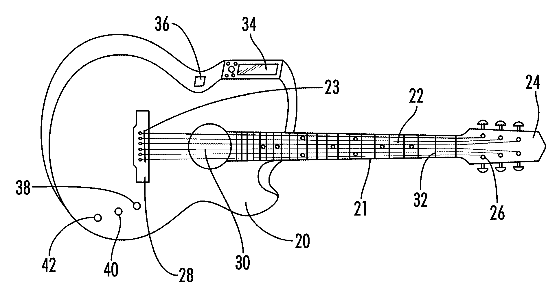 Stringed musical instrument having a built in hand-held type computer