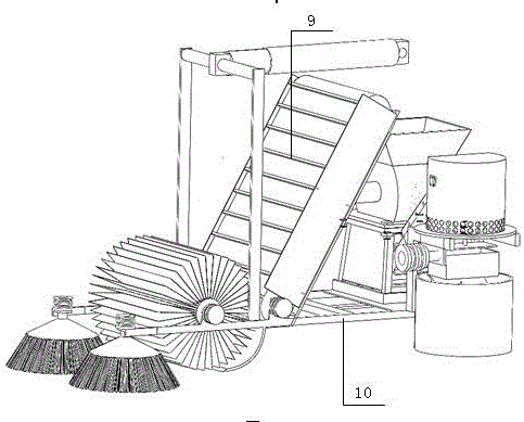 A fallen leaf cleaning equipment that integrates automatic cleaning, crushing and extrusion molding and can be used in conjunction with motor vehicles