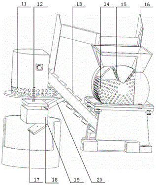 A fallen leaf cleaning equipment that integrates automatic cleaning, crushing and extrusion molding and can be used in conjunction with motor vehicles