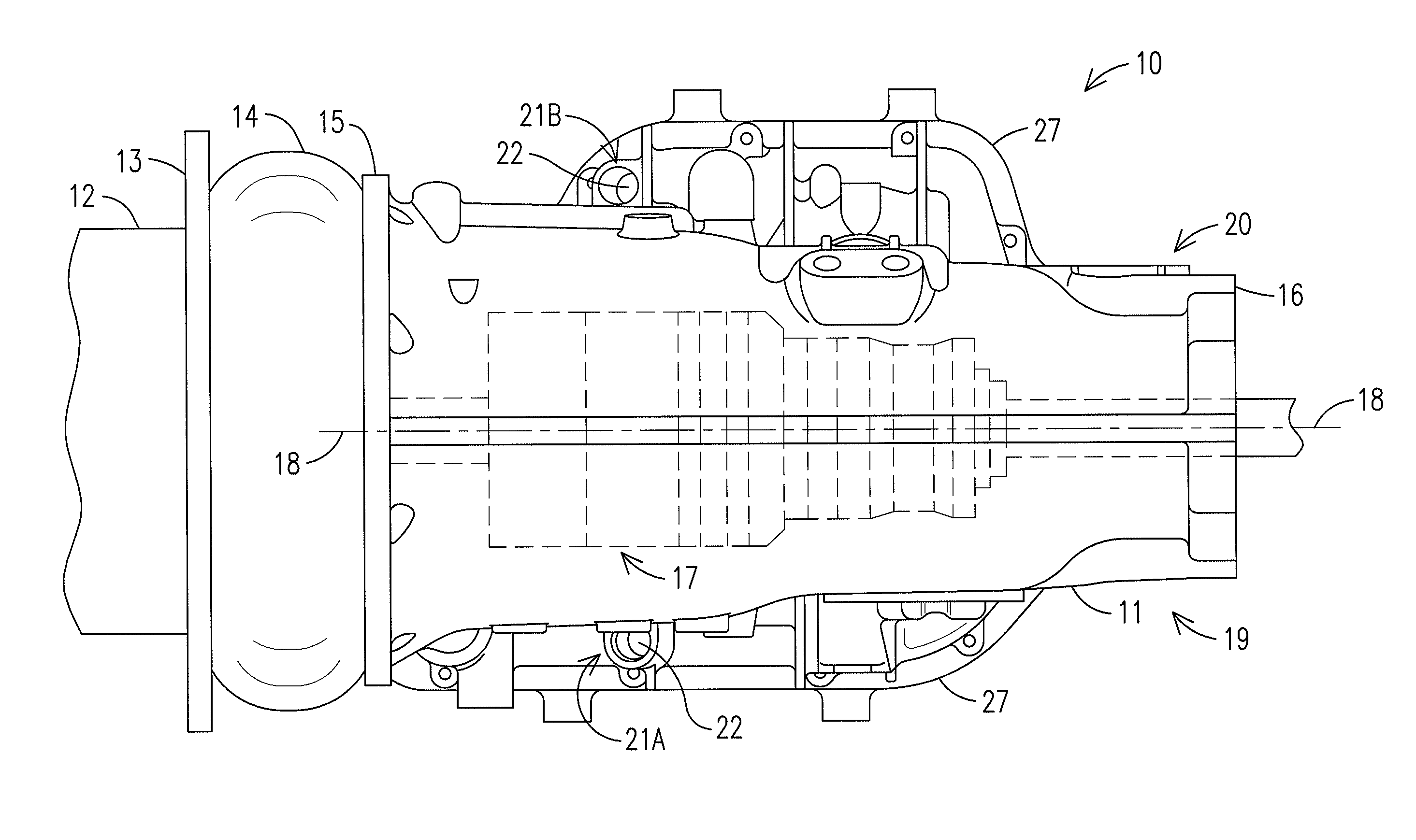 Transmission and transmission housing with multiple dipsticks and dipstick apertures, circumferentially positioned internal lugs and an adjacent fluid inlet port