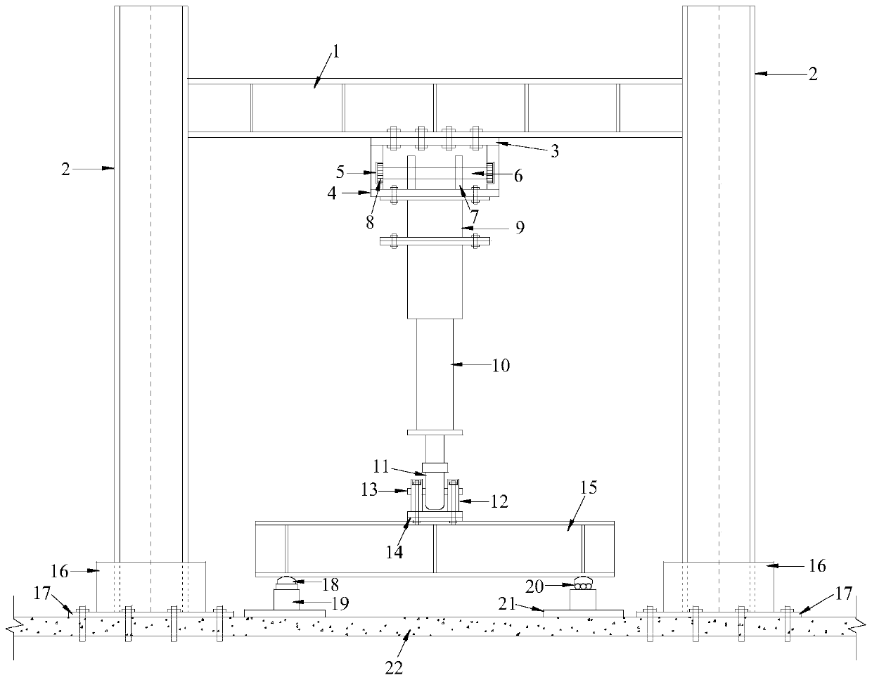 Loading device for overall stability test of horizontal steel curved beam